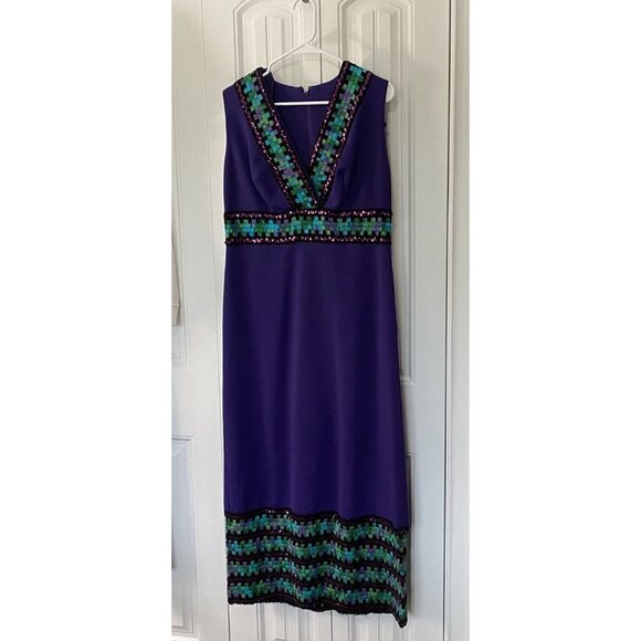 Vintage Maxi Dress Purple Polyester Sequin Braided Wide Trim Column Party - Picture 1 of 11